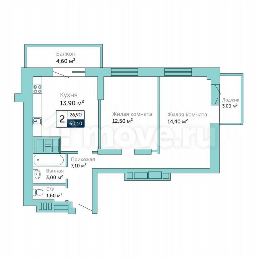 2-комн. квартира, 60.1 м²