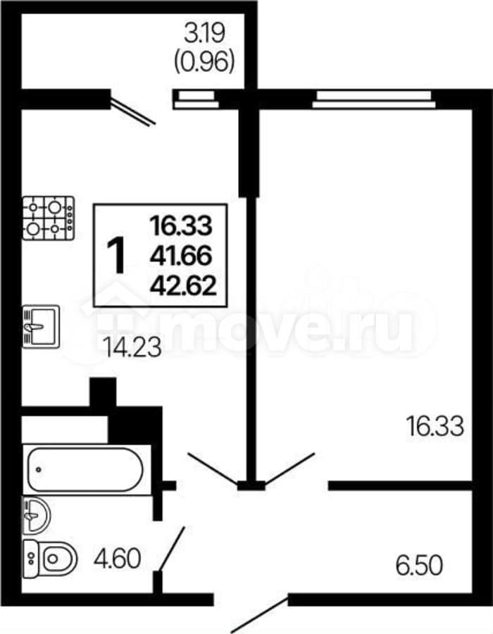 1-комн. квартира, 42.6 м²