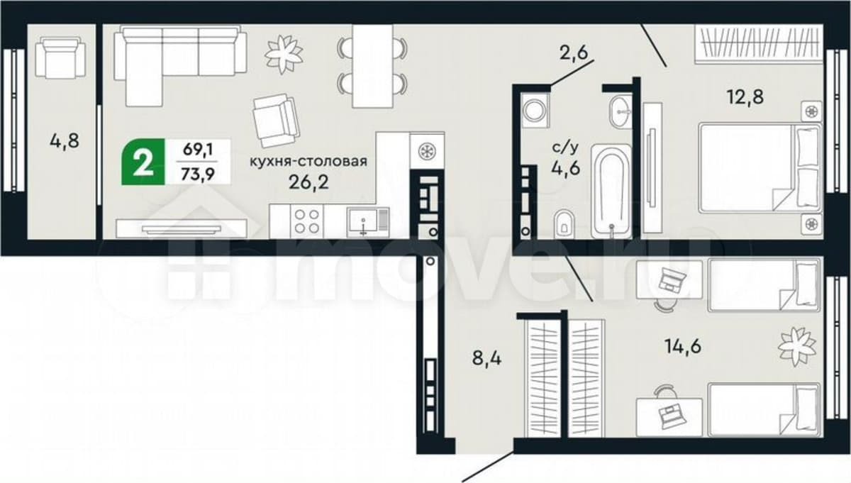 2-комн. квартира, 73.9 м²