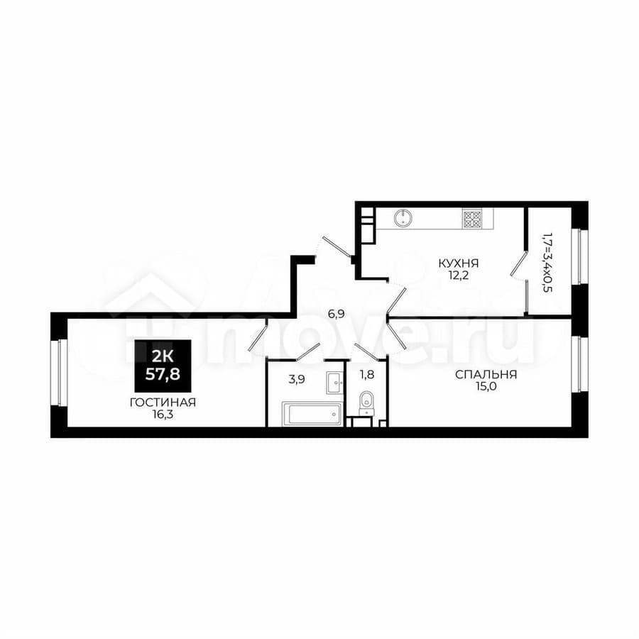 2-комн. квартира, 57.8 м²