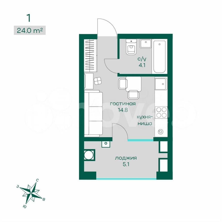 студия, 23.5 м²