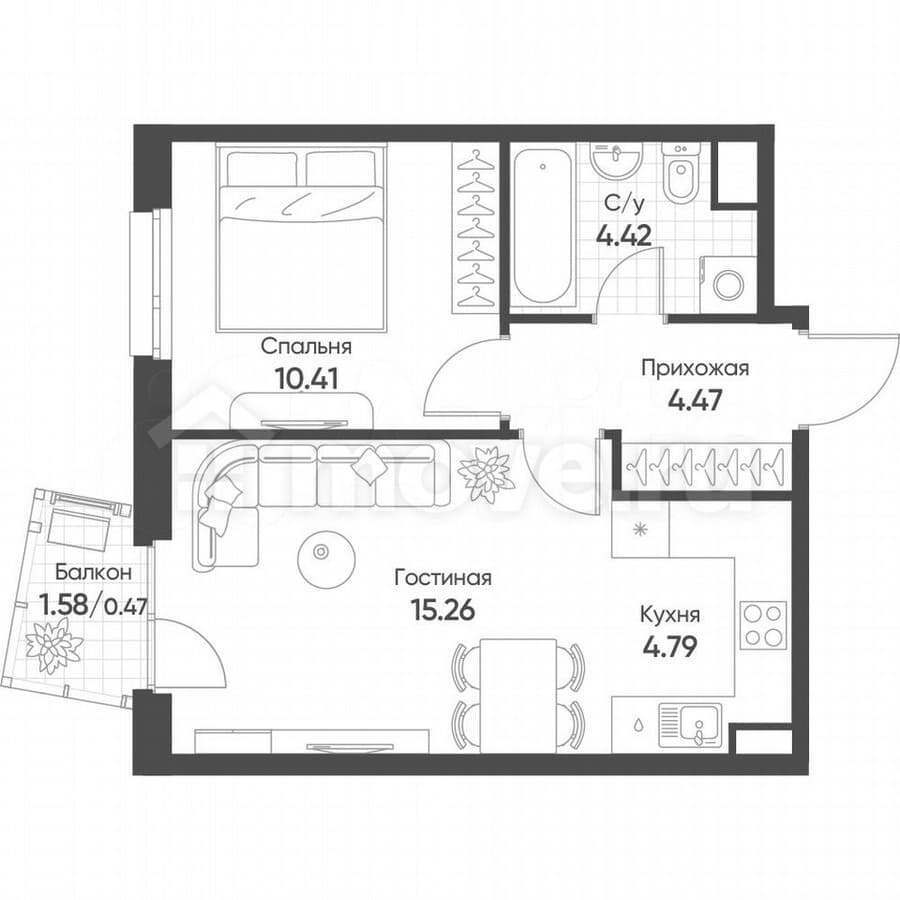 1-комн. квартира, 39.8 м²
