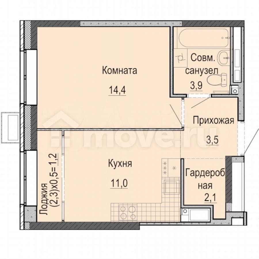 1-комн. квартира, 34.9 м²