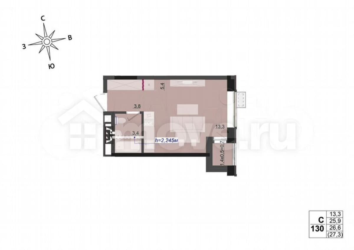 студия, 26.6 м²