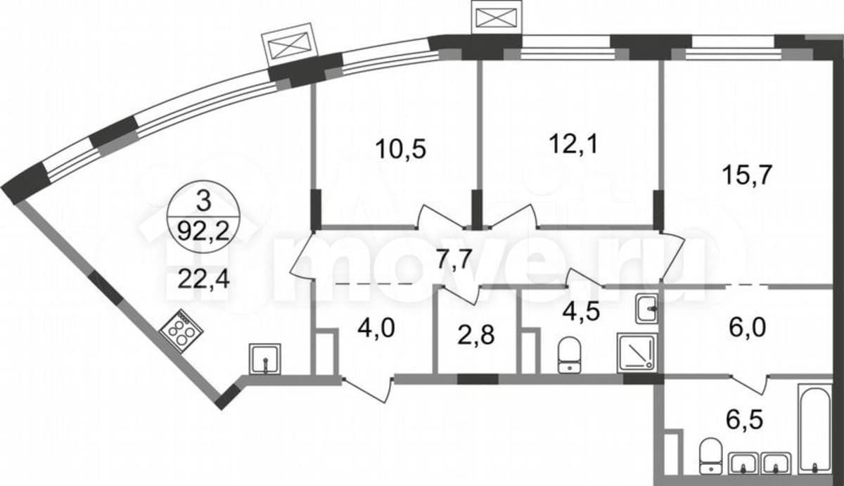 3-комн. квартира, 92.2 м²