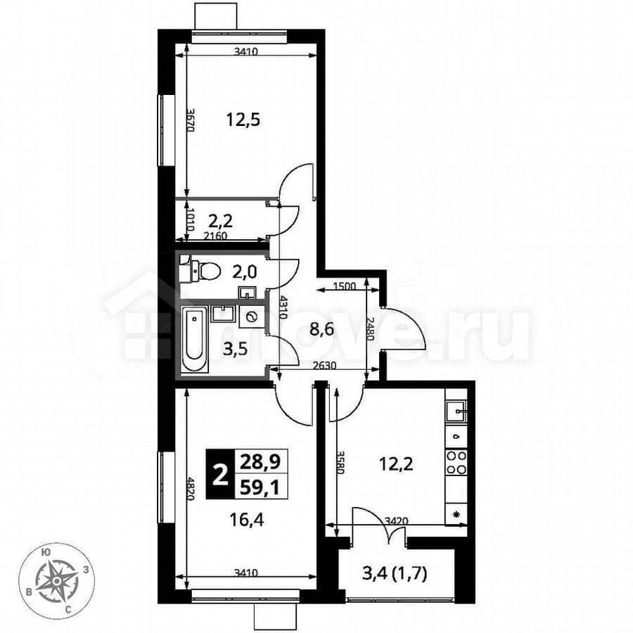 2-комн. квартира, 59.1 м²