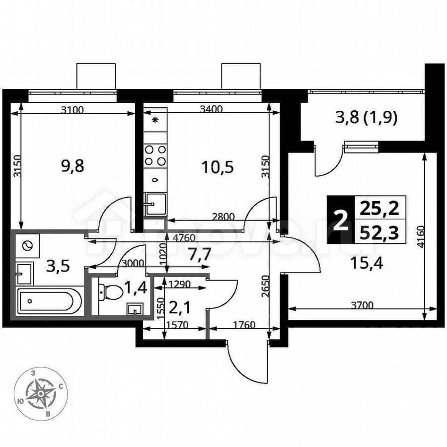 2-комн. квартира, 52.3 м²
